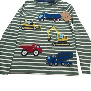 Boden Green Striped Kids Shirt with Construction Vehicles